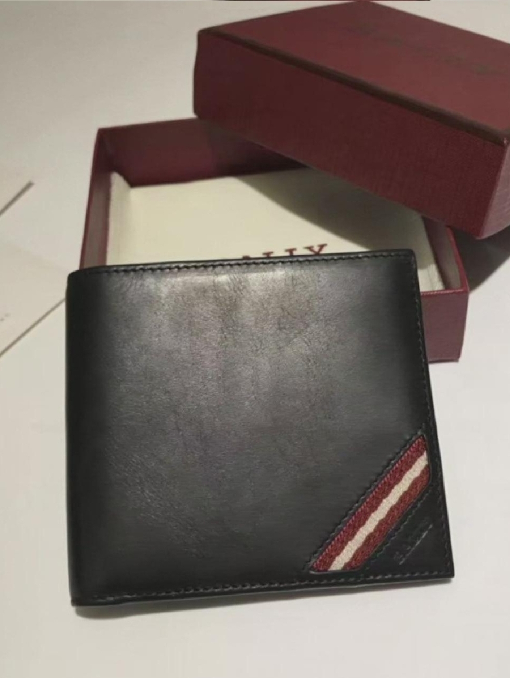 Bally Black Leather Wallet with Red and White Stripe
